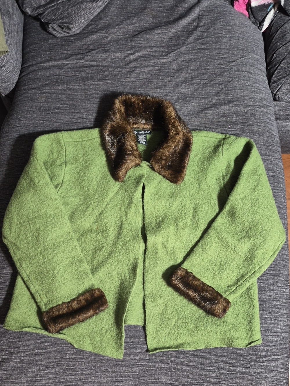 Vintage 90s Alexandra Bartlett Green Coat with Brown Faux Fur Trim